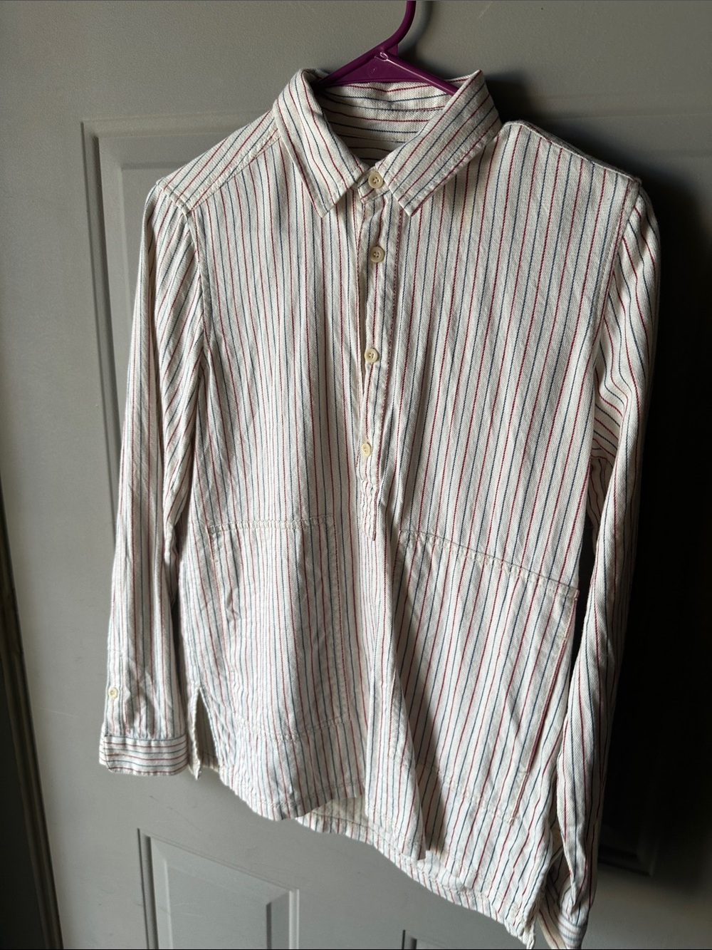 Madewell White Button-Front Shirt with Red & Navy Stripes